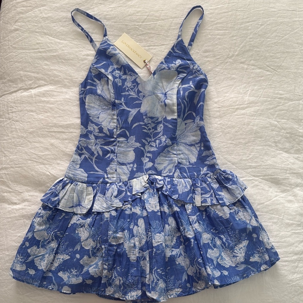 LoveShackFancy floral blue and white Fabienne mini Dress with ruffles